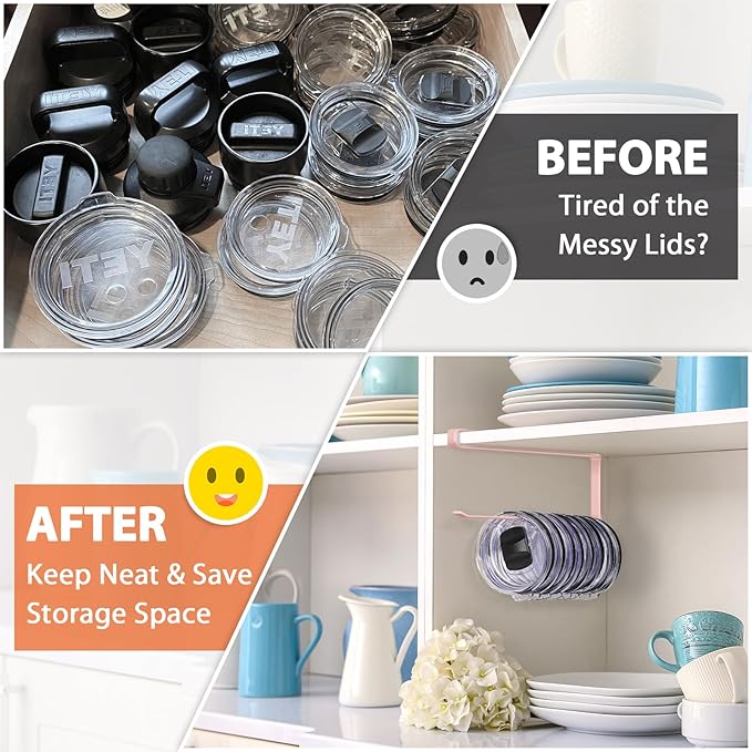 Tumbler Lid Organizer, Horizontal Tumbler Lid Storage Hook Up to 10 Lids, Space Saving Cup Lid Holders Under Cabinet Tumbler Lid Hook for Kitchen Organizer and Storage, Paper Towel Rack Hanger (Pink)