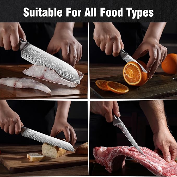 YOTSUBA 7PCS Japanese Kitchen Knife Set with Genuine Natural Rosewood Ergonomic Handle & Gift Box, Professional Ultra Sharp High Carbon Stainless Steel Knives for Cooking