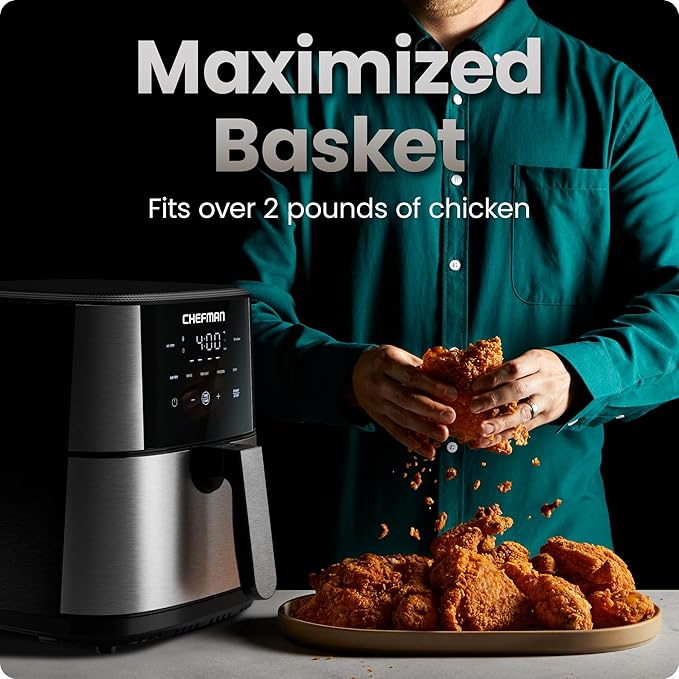 Chefman Air Fryer 6 Qt | TurboFry® 5-in-1 with 450°F Hi-Fry Option for Crispier Results | Bake, Dehydrate, Frozen | XL Nonstick Dishwasher-Safe Basket | Stainless Steel