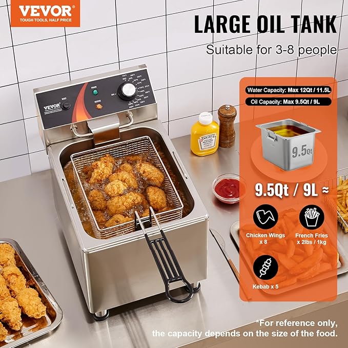 VEVOR Commercial Deep Fryer, 1750W Electric Countertop Fryer with Basket & Height-Adjustable Feet, 12Qt / 11.5L Stainless Steel Single Oil Fryer, Temp Control, Overheat Protection, for Restaurant Use