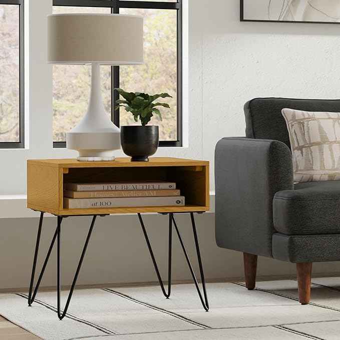 SIMPLIHOME Hunter End Table - 22 inch Wide Solid Wood Oak Veneer and Metal Square Accent Table with Open Storage Compartment and Hairpin Legs, Industrial Nightstand for Living Room or Bedroom