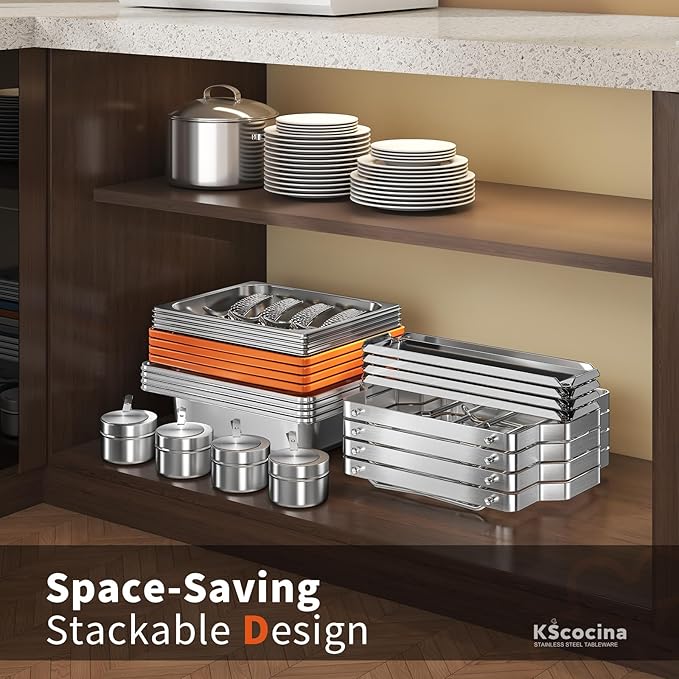KScocina Chafing Dishes for Buffet, 4 Pack 5QT Square Stainless Steel Chafing Dish Set, Complete Buffet Warmer for Home Parties, Christmas & Catering Events (Orange)