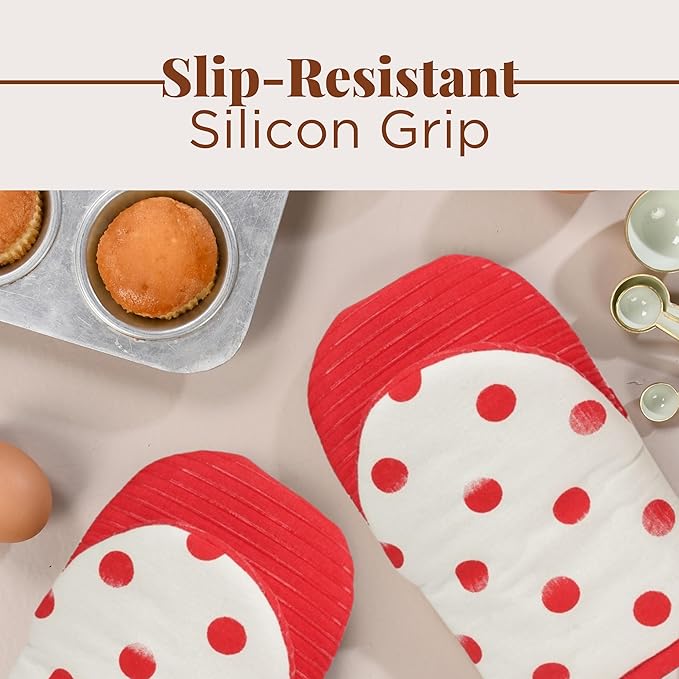 Folkulture Oven Mitts - Set of 2 (5.75"x9") | Polka Red Oven Mitts with Hanging Loop for Cooking Gifts, Kitchen Decor| 100% Cotton, Silicone Heat Resistant Mini Mitts