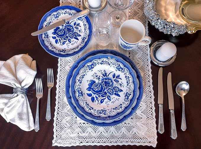 Tudor Royal 30-Piece Porcelain Round Dinnerware Set, Service for 6, Victoria Blue Design, Blue Floral, Plates Bowls Mugs Dishes Saucers, Glossy, Premium Quality Tableware, Unique Pattern