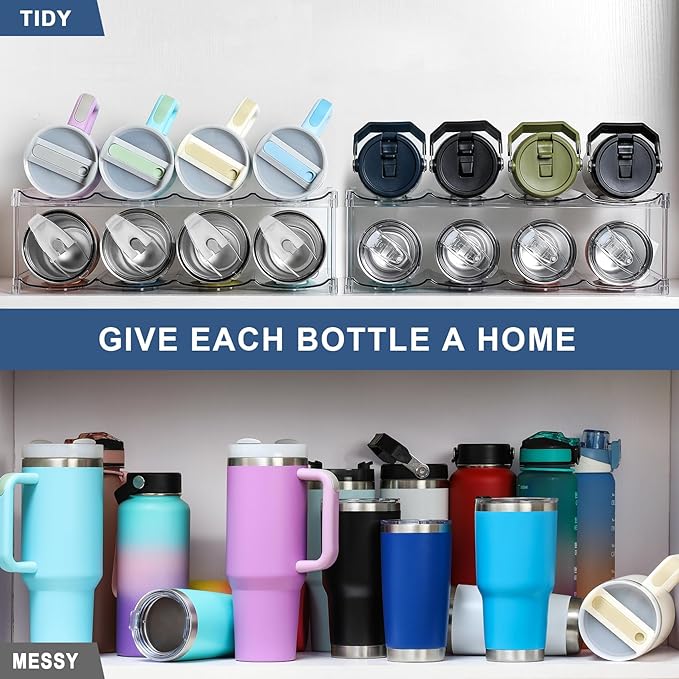LARGER Compartment - 2 Tier Stackable Water Bottle Organizer Holder - for Stanley 40oz & Others' Large Tumbler - Clear Wine Rack, 8 Cup Bottle Holder for Cabinet Home Countertop Fridge Pantry Shelf