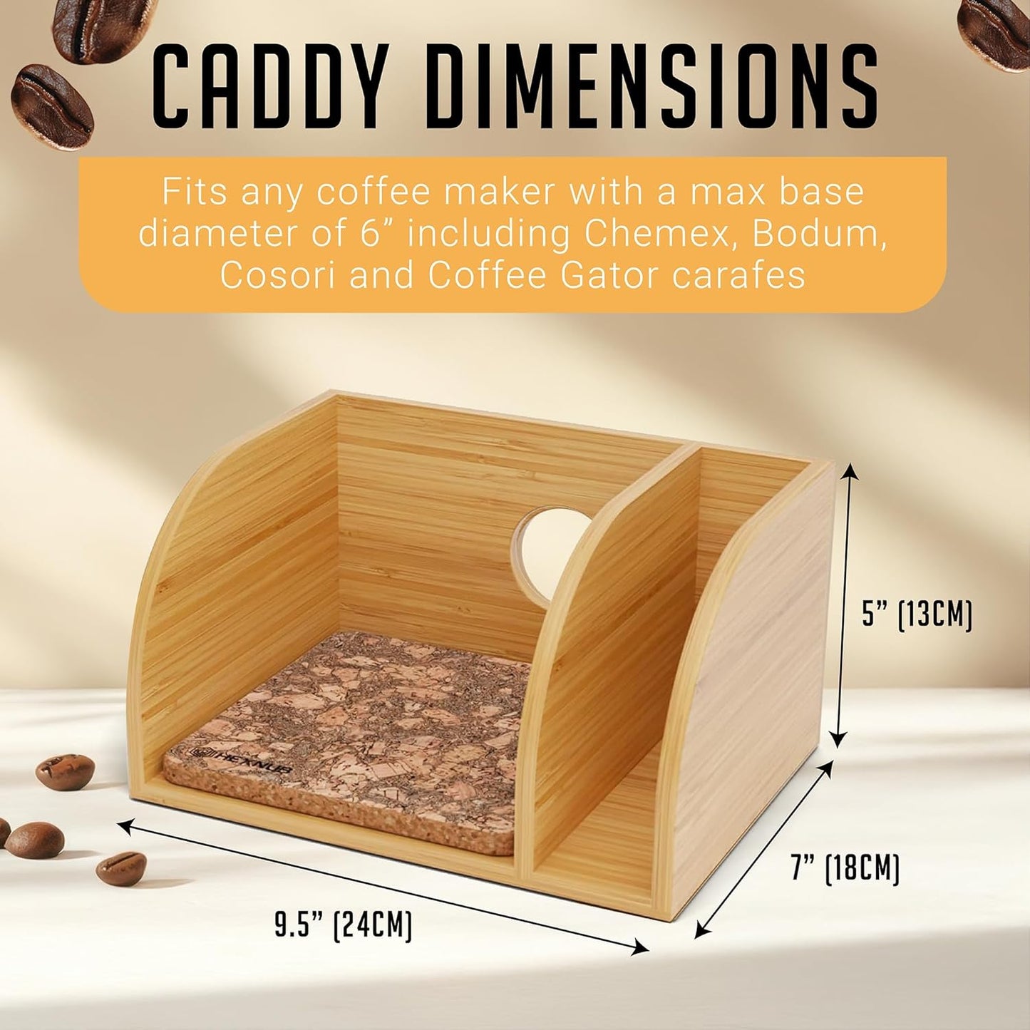 HEXNUB – Caddy for Pour Over Coffee Maker, Bamboo Stand fits Chemex, Bodum, Cosori Coffee Carafes, Heatproof Mat, Filter Holder for Drip Coffee Maker - Cork Mat