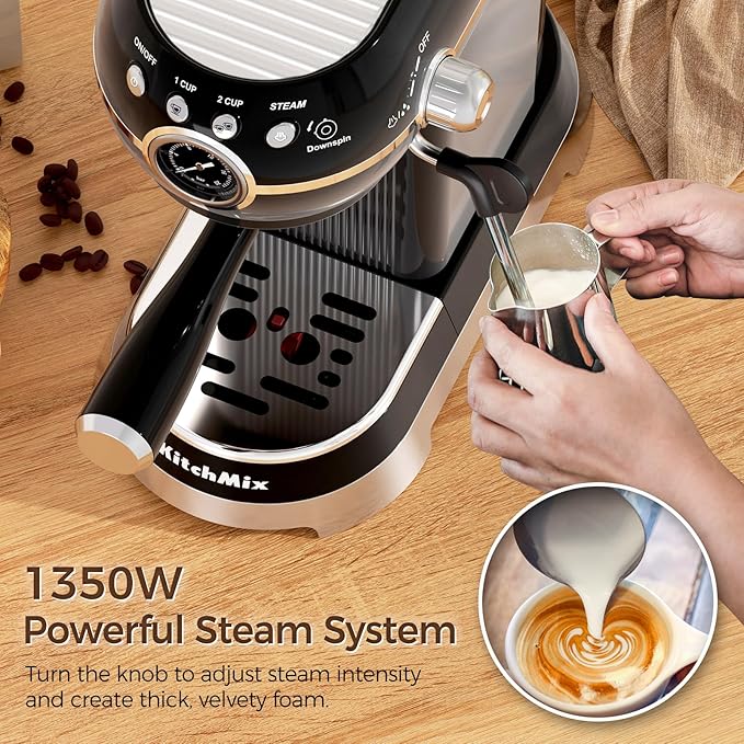 KITCHMIX Espresso Machine with Milk Frother ，20 Bar Stainless Steel Espresso Maker with Milk Frother Steam Wand, Espresso Coffee Machine with Removable Water Tank (Black)
