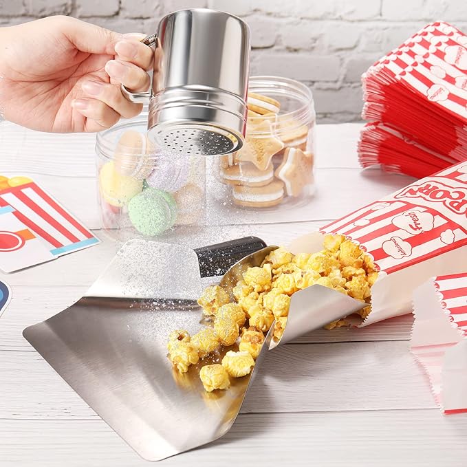 202 Pcs Popcorn Machine Supplies Set, Kernel Sifting Speed Scoop, Stainless Steel Seasoning Dredge with Handle, 200 Pcs Popcorn Bags Bundle for Home Kitchen Theater Movie Tools Supplies (1 Oz)