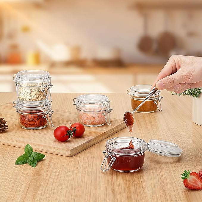 4oz Mini Airtight Glass Jars with Clamp Lid - Small Spice, Jam & Honey Jars for Kitchen Pantry Storage, Cute Clear Sauce Containers for Seasoning, Sugar, Salt, Wedding & Party Favors