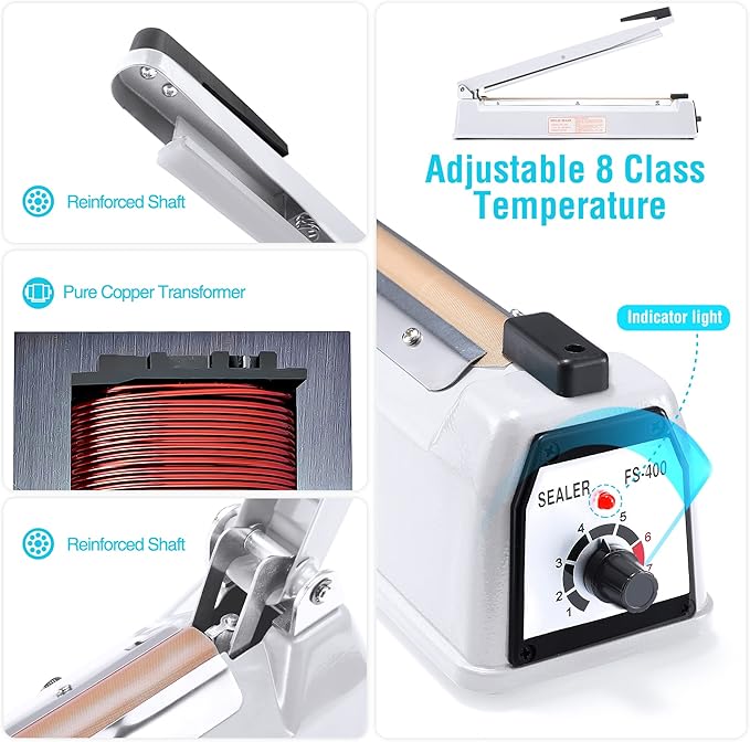 Metronic 16 inch Impulse Sealer, Manual Heat Sealer Machine for Plastic bags, Shrink Wrap Bags Sealer Heavy Duty Sealing Machine with Repair Kit, White