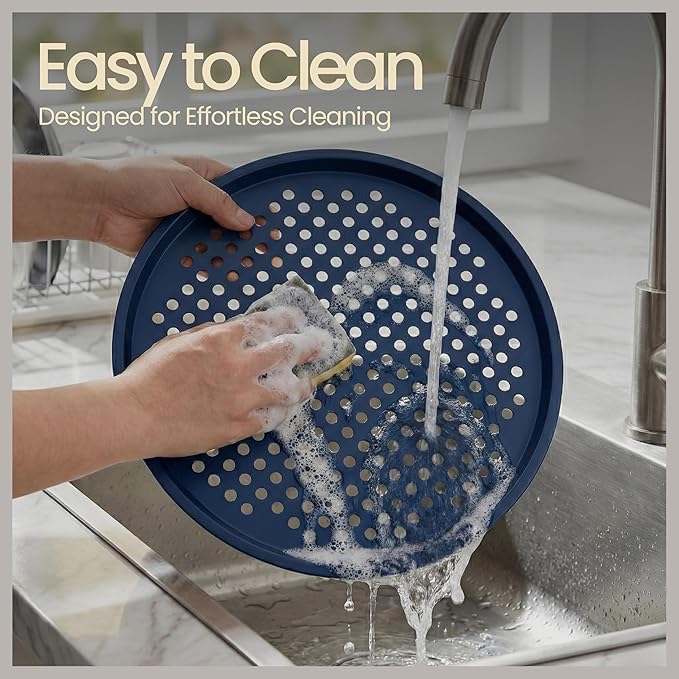 Bakken Pizza Baking Pan - Round Perforated Carbon Steel Pan with Non-Stick Marble Coating, Oversized Silicone Handle, Dishwasher Safe, High-Temperature Resistant, Durable & Easy Cleanup - Blue, 1 Tray