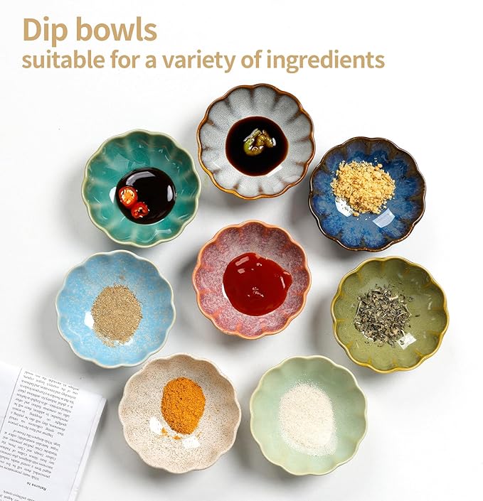 Dipping Bowls Set of 8, Ceramic Soy Sauce Dishes, 3 oz Dipping Sauce Cups, chrysanthemum Round Small Side Dish Dishes for Dipping Sushi Tomato Soy Sauce Dish Condiment Finger Bowls