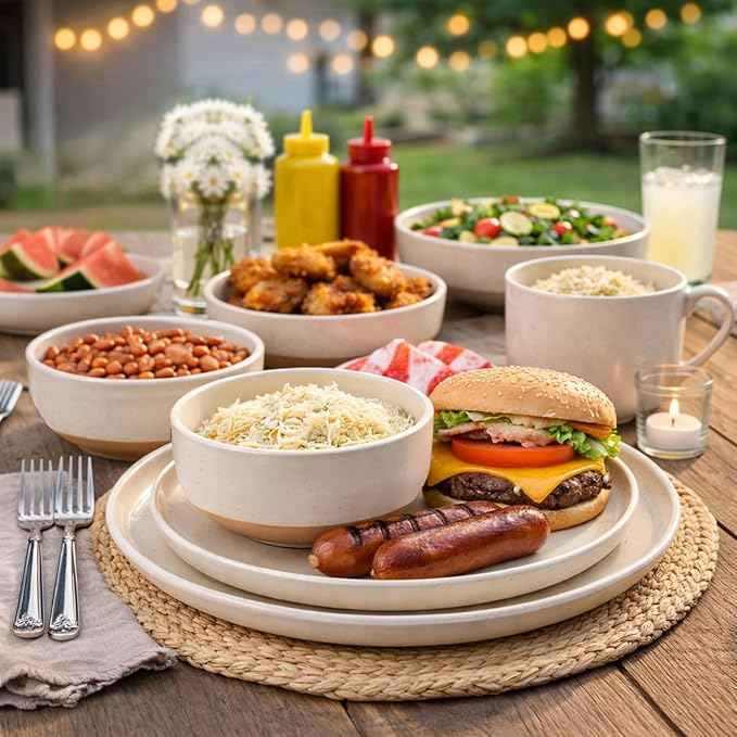 AmorArc Ceramic Dinnerware Sets, Handpainted Plates and Bowls Set with Rustic Terracotta Underside, Scratch Resistant Stoneware Dishes Set, Dishwasher & Microwave Safe