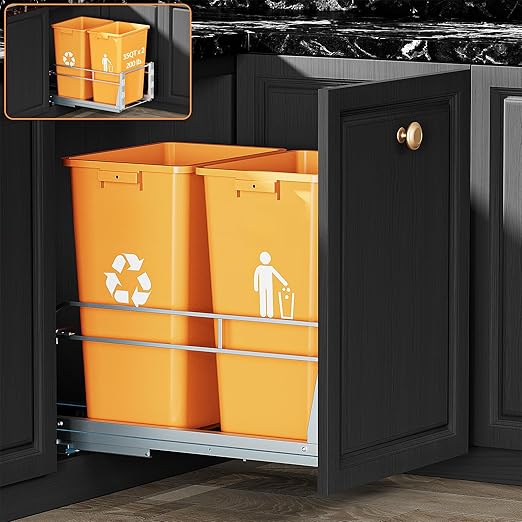 Double Pull Out Trash Can Under Cabinet with Door Mounting Kit,Under Sink Trash Can for Kitchen with Soft-Close Slides, Not Included Can，Requires Minimum Cabinets Opening 16" W X 24" D