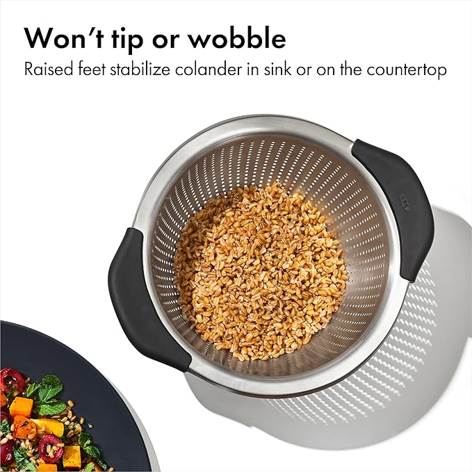 OXO Good Grips Stainless Steel Colander, 5 qt. Capacity, Strainer with Non-Slip Handles, Kitchen Colander for Pasta and Vegetables, Nesting Stainless Steel Strainer and Sieve