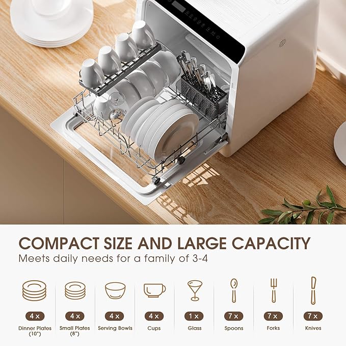NOVETE Portable Countertop Dishwashers, Compact Dishwashers with 5L Built-in Water Tank & Inlet Hose, 5 Washing Programs, Baby Care, Air-Dry Function and LED Light for Small Apartments