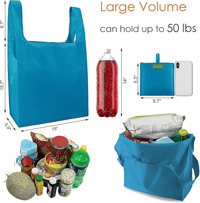 BeeGreen Light Blue Reusable Grocery Bags Wholesale Blue Reusable Kitchen Bags Bulk Foldable-Machine Washable with Zipper Storage Pouch 50 Packs