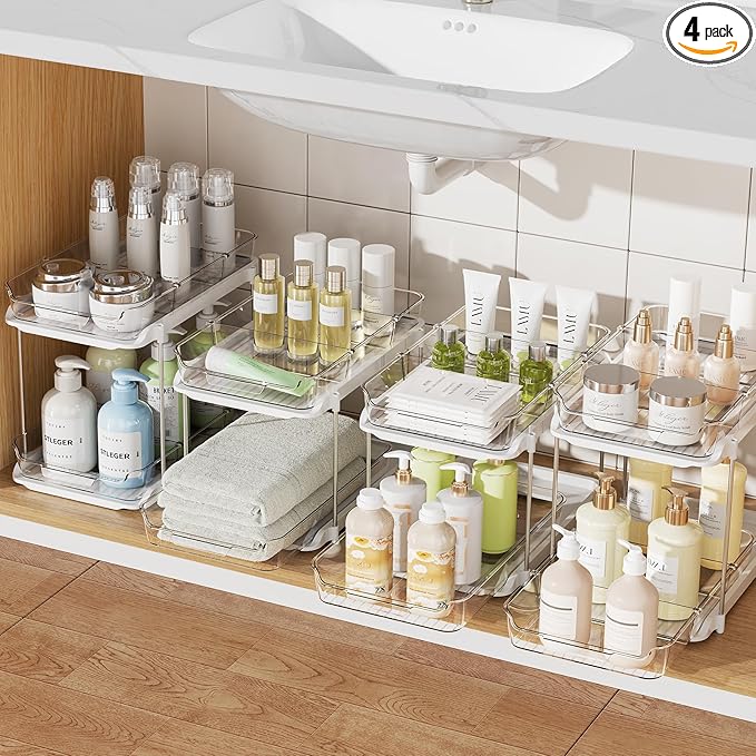 Delamu 4 Pack 2-Tier Bathroom Under Sink Organizers and Storage, Multi-Purpose Stackable Pantry Organization and Storage, Pull Out Clear Kitchen Bathroom Cabinet Organizer with Movable Dividers, White