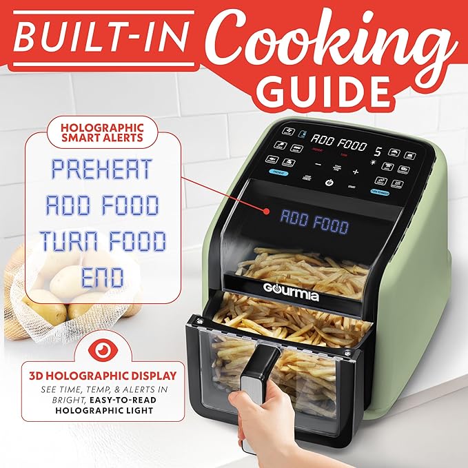 Gourmia Air Fryer 7 QT - Easy View Panorama Window & Interior Light, Guided Cooking with 12 One-Touch Presets, FryForce 360, Dishwasher Safe Accessories, Green