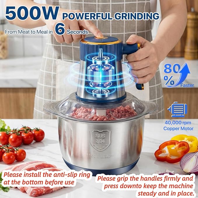 20 Cups Large Capacity Food Processor,5 Speed Electric Meat Grinder Vegetable Chopper,500W Powerful Motor 6 Bi-Level Blade Meat mincer for Vegetable, Nuts, Onion, Garlic with 304 Stainless Steel Bowl