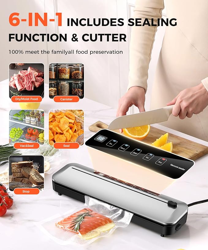 Vacuum Sealer Machine 75Kpa Precision Suction Power 6-in-1 Food Sealer with Digital Timer, Dry & Moist Food Modes, Compact Design with 10 Vacuum Bags & Built-in Cutter(Sliver)