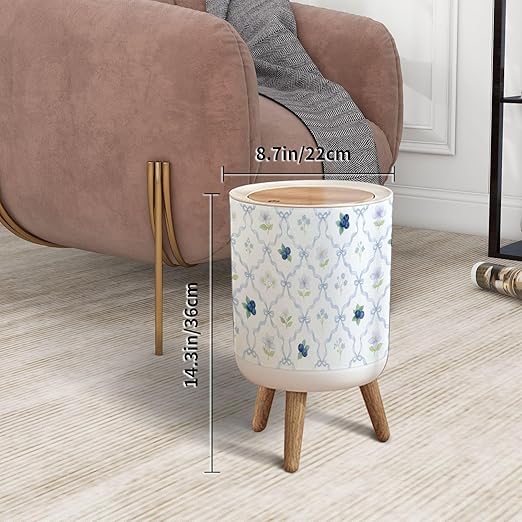 Trash Can with Lid Seamless Ribbons Blueberry Flowers Press Top Round Small Garbage Bin with Wooden Legs Waste Basket for Kitchen Bedroom Nursery 7L/1.8 Gallon