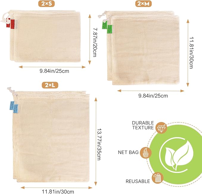 Ycsst Reusable Produce Bags 6 Pack, Cotton Mesh Vegetable Bags for Grocery Shopping, Washable Mesh Produce Bags for Fruits & Vegetables Storage (2S,2M,2L)
