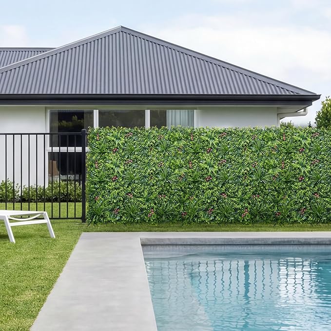VEVOR Artificial Plant Wall, 12PCS 20 x 20 in Artificial Boxwood Panels, Greenery Backdrop Privacy Hedge Fence with Sun Protection, Fake Grass Wall Screen for Wedding, Indoor, Garden，Mixed Leaf