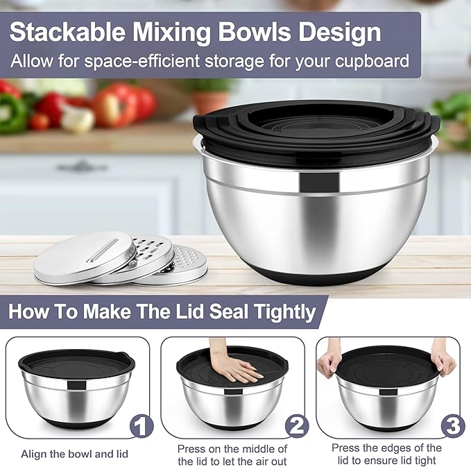 TeamFar Mixing Bowls, 6 PCS Stainless Steel Nesting Salad Bowl with Lids & 3 Graters, For Kitchen Cooking Serving Prepping, Airtight & Non-Slip, Size 4.6/3.5/2/1.5/1/0.7 QT, Black