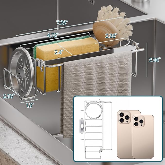 TAILI Sponge Holder with Strong Suction Cup, 4-in-1 Rustproof Sink Organizer - Sink Caddy Holds Sponges, Brushes, Stoppers & Scrapers -Silver