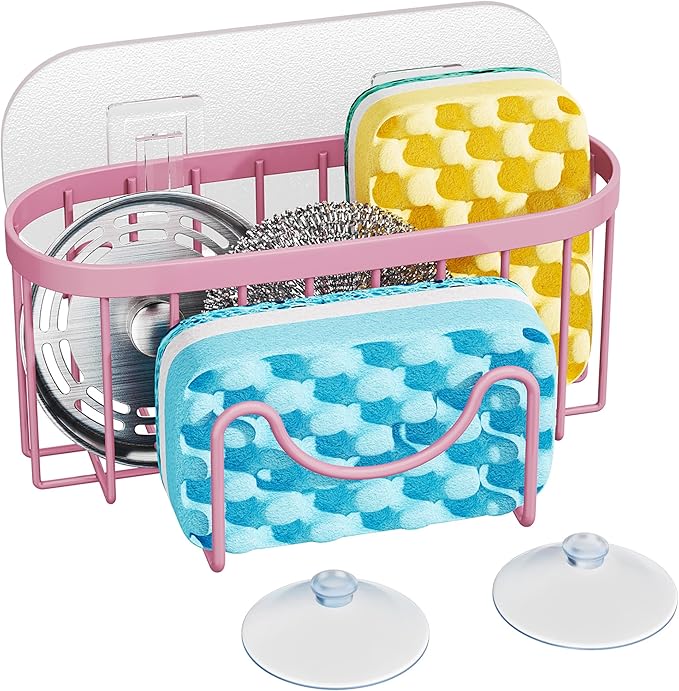 HapiRm Sponge Holder for Kitchen Sink - Sink Caddy with Unique M-Shaped, 2 Installation Methods Kitchen Organizer, Rustproof Stainless Steel Sponge Caddy - Pink