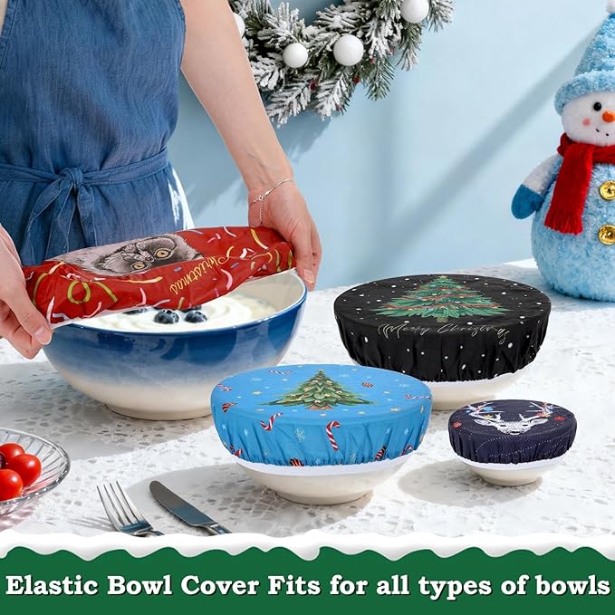 5-Size Reusable Beeswax Bowl Covers for Bread Proofing, Cotton Cloth Flexible Beeswax Wraps for Food Storage (Santa Kitty)