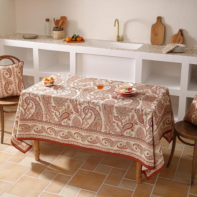 ISAENNE Designer French Red Tablecloth Rectangular,Fall Linen Table Cloth with Cashew Pattern,Stain Proof Decor Tablecloths for Dining Thanksgiving Kitchen Christmas,55"*79"-Chauffrey D
