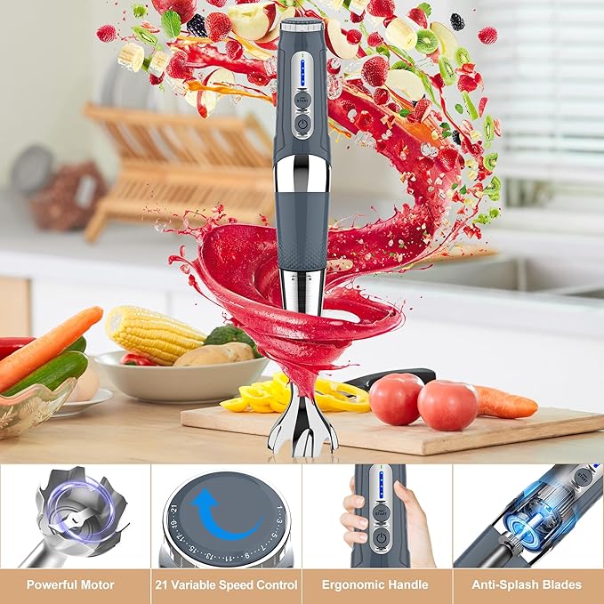 Toogel Cordless Immersion Blender, Electric Hand Blender with 21-Speed & 3-Angle Adjust, USB Rechargeable, BPA-Free & Dishwasher Safe for Baby Food, Smoothies, Soup (Grey)