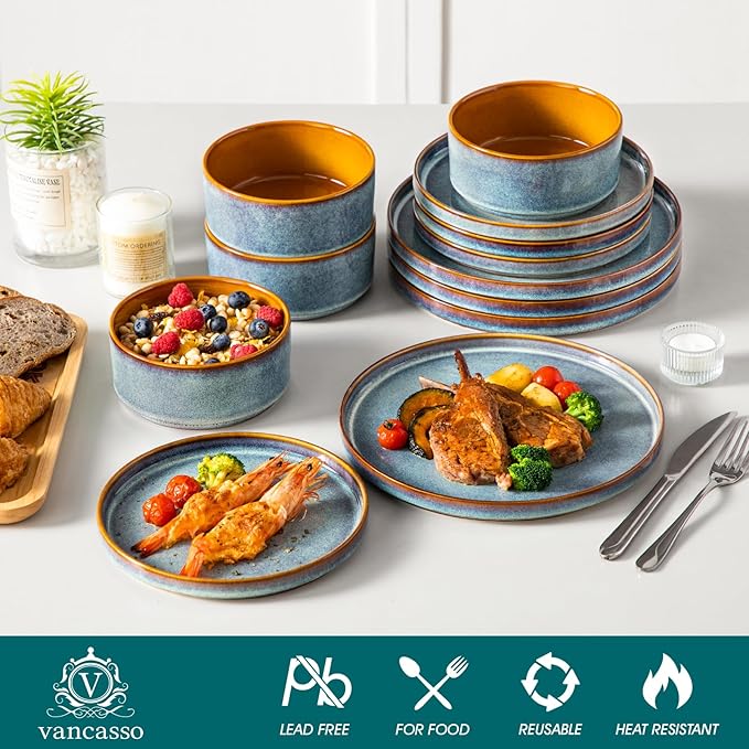 vancasso ONION Ceramic Dinnerware Sets, 12 Pieces Stoneware Plates and Bowls Sets for 4, Reactive Glaze Dishes Set for Kitchen, Dishwasher and Microwave Safe, Blue