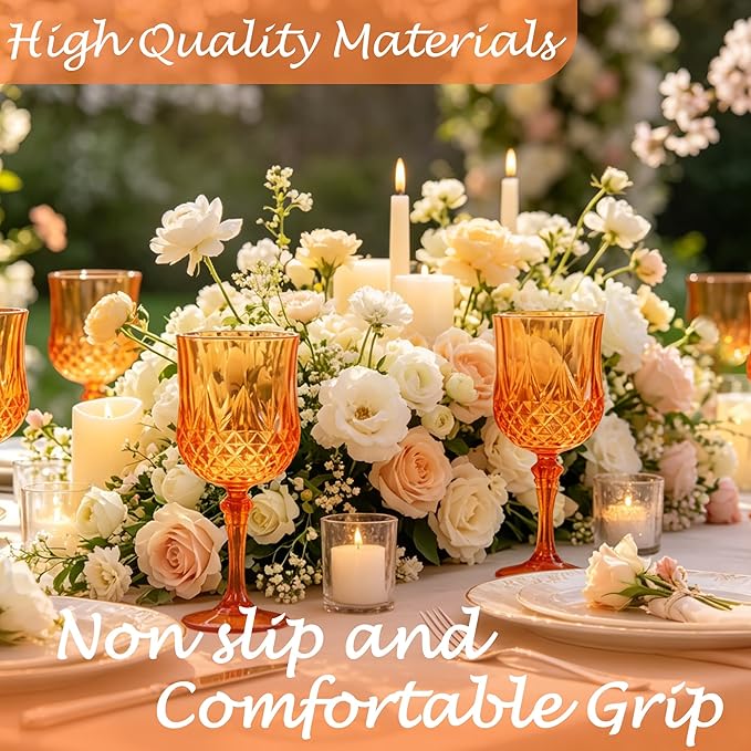 Plastic Wine Glasses, Plastic Goblets Vintage Style Cordial Unbreakable Drinking Glasses, Reusable Drinkware for Wedding Reception, Grand Event Party Supplies (48, Pumpkin orange)