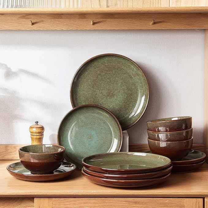 Stoneware Dinnerware Sets for 6, 18 Pieces Ceramic Plates and Bowls Sets, Chip and Scratch Resistant Dish Set, Dishwasher & Microwave Safe Plate Set, Brown Green