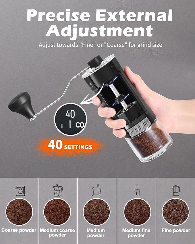 Manual Coffee Grinder With Ceramics Burr For Espresso,French Press,40 Adjustable Settings,Portable Hand Coffee Bean Mill For Home Use and Camping Travel,Coffee Bean Grinders With Hand Crank