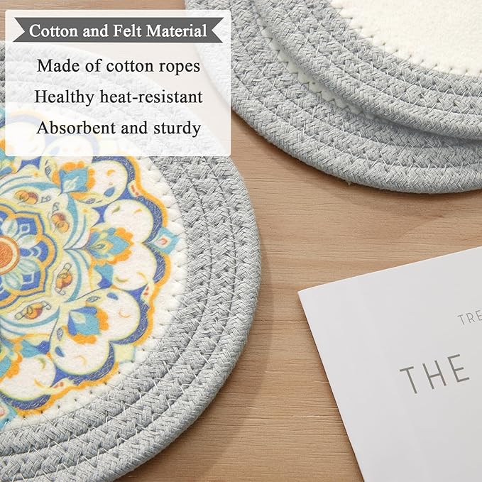 SHACOS 8 Inches Trivets for Hot Dishes, 4 Pieces Cotton and Felt Floral Pattern Trivets Mats for Kitchen, Hot Pads for Countertops, Heat-Resistant Pot Holders for Hot Pots and Pans (Grey, 4pcs)