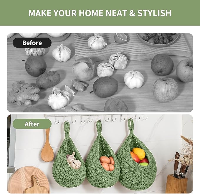 Boho Wall Hanging Fruit Baskets for Kitchen 3 Pack Woven Produce Holder with 6 Pcs Strong Hooks Vegetable Hanging Basket for Organizing Teardrop Home Wall Potato Onion Storage, Green