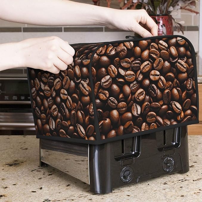 Coffee Print Covers for Toasters 4 Slice,Cute Funny Bread Machine Cover with Handle,Washable Stain Resistant Kitchen Small Appliance Cover Dining Decor