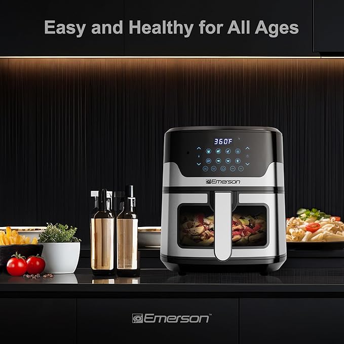 Emerson SmartVoice 5.3QT Air Fryer, 1000+ Voice Commands, 6-in-1 Digital Cooker, Compact Countertop Design, Oil-Free Healthy Cooking, Easy-Clean Nonstick Basket, 1500W