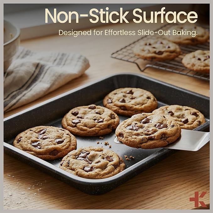 Bakken 4-Piece Bakeware Sets, Nonstick Carbon Steel Baking Sheet, Stackable Space-Saving Bakeware, Dishwasher Safe, Stain-resistant, PFOA, PFOS, & PTFE Free, Oven Safe Up To 450°F, Gray Marble
