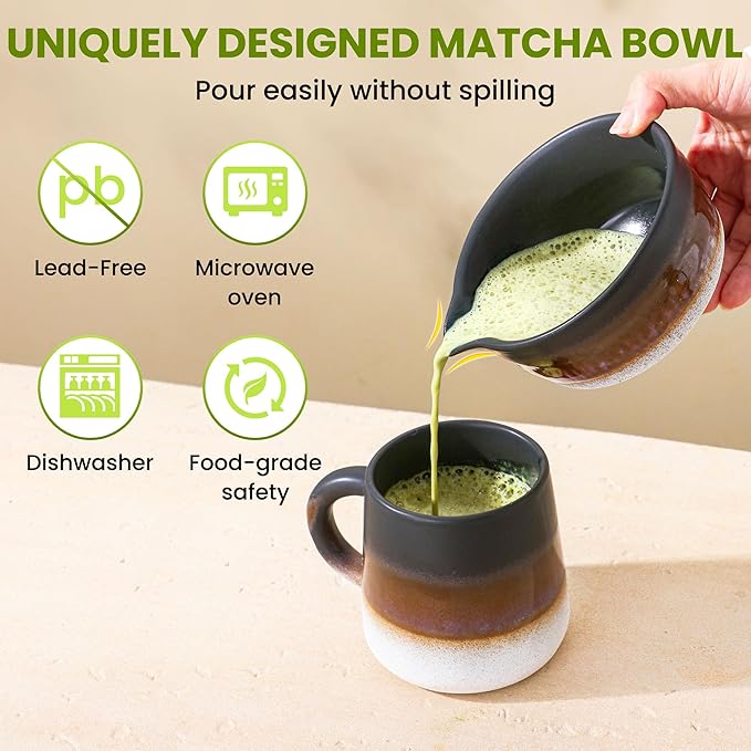 Matcha Whisk Set, Ceramic Matcha Set Desert Series, Matcha Bowl, Matcha Whisk and Holder, Bamboo Scoop, Scoop Rest, Sifter and Tea Towel 7 Pcs Matcha Kit for Birthday Christmas Gift (Matte Black)