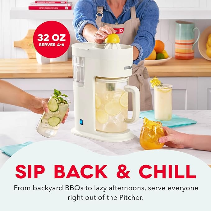 Dash Summer Sippers™ Lemonade Maker & Electric Citrus Juicer - Dissolves Sugar, Juices Over Ice - Lemon Squeezer Machine - Make Fresh Orange & Lemon Juice - Two 32oz Pitchers & Infuser Cylinders