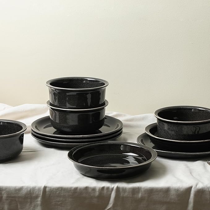 Stone Lain Slate 12-Piece Dinnerware Set Stoneware, Plates and Bowls Set, Dishwasher and Microwave Safe, Dish Set for 4, Black