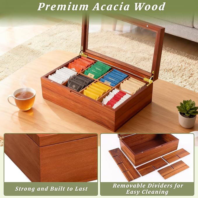 LANNEY Tea Bag Organizer - Acacia Wooden Tea Box Organizer Storage Box, Bag Holder Container with 8 Removable Compartments, Clear Window and Magnetic Lid for Coffee Sugar Countertop Kitchen Cabinet