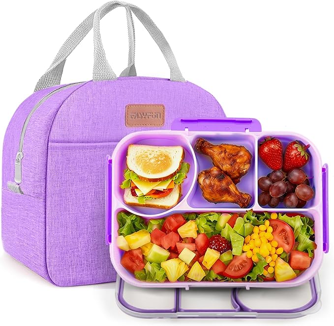 EASYFUN Bento Lunch Box Set Bento Box, 4-Compartment Lunch Containers,High Capacity Lunch Tote Bags for Work, Travel, Outdoor (Purple)
