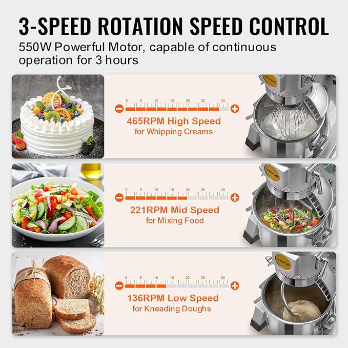 VEVOR Commercial Mixer, Commercial Food Mixer 10Qt Stainless Steel Bowl, 450W Commercial Stand Mixer with 3 Speeds Adjustable, Dough Hook Whisk Beater Included, Perfect for Bakery Pizzeria, Silver