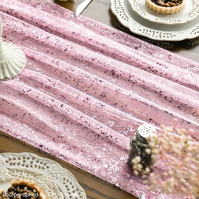 Artoid Mode 6PCS Pink Gold Gauze Table Runner 120 Inch 10FT, Glitter Metallic Foil Sheer Dining Wedding Anniversary Holiday Table Decor for Home Party